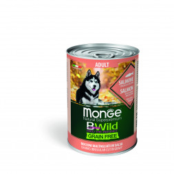 Monge Dog BWild Grain Free влажный беззерновой корм для взрослых собак всех пород с лососем, тыквой и кабачками в консервах 400 г (24 шт в уп)