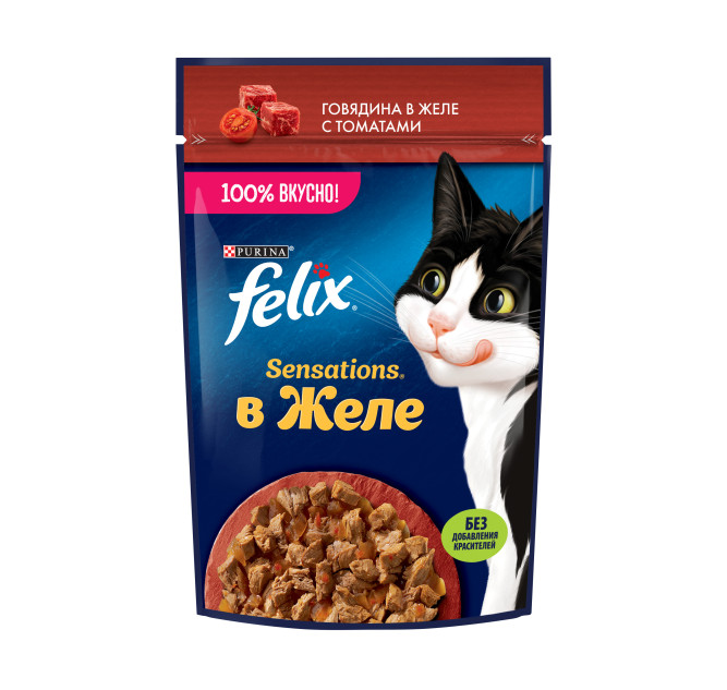 Felix Sensations влажный корм для кошек с говядиной и томатами в желе, в паучах - 75 г х 26 шт