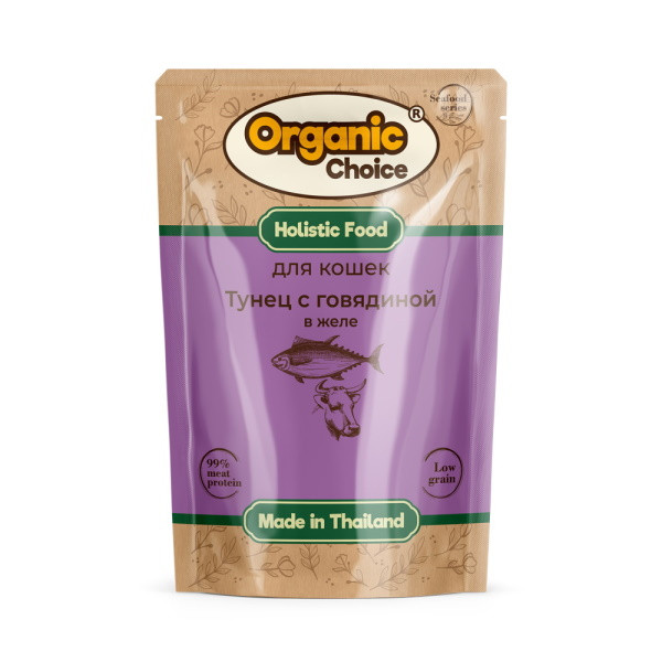 Organic Сhoice Low Grain влажный корм для кошек с тунцом и говядиной в желе, в паучах - 70 г х 12 шт