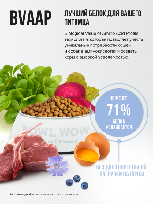 BOWL WOW сухой корм для щенков крупных пород с ягненком, индейкой, рисом и добавлением черники - 800 г