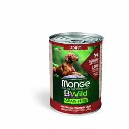 Monge Dog BWild Grain Free влажный беззерновой корм для взрослых собак всех пород с ягненком, тыквой и кабачками в консервах 400 г (24 шт в уп)