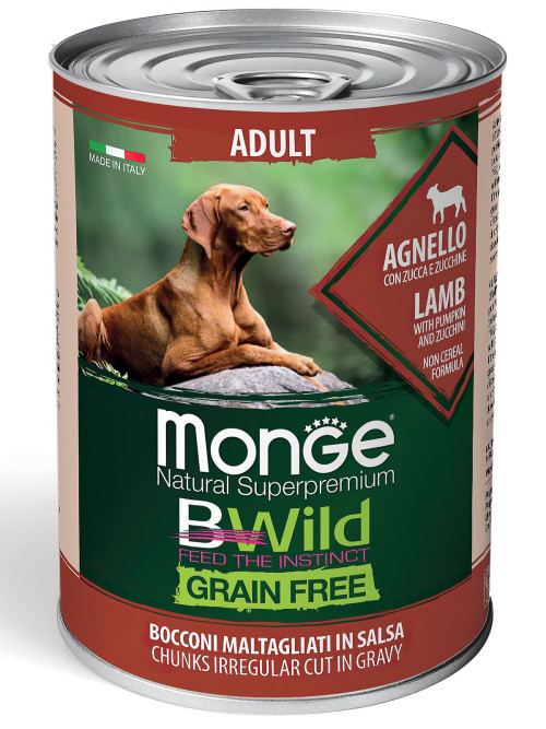 Monge Dog BWild Grain Free влажный беззерновой корм для взрослых собак всех пород с ягненком, тыквой и кабачками в консервах 400 г (24 шт в уп)