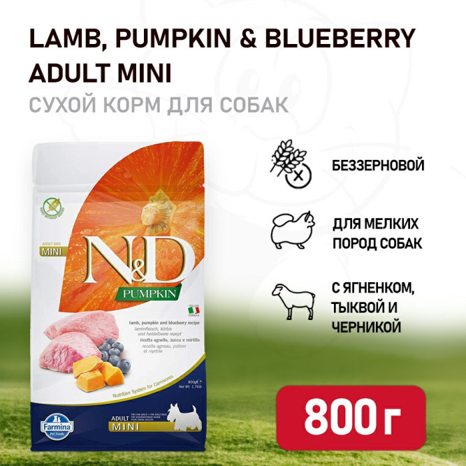 Farmina N&amp;D Pumpkin Dog Grain Free Lamb &amp; Blueberry Adult Mini сухой беззерновой корм для взрослых собак мелких пород с ягненком, черникой и тыквой - 800 г