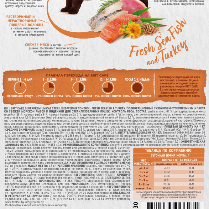 Брит Кеа Cat Sterilised Weight Control сухой корм для стерилизованных кошек для контроля веса, с морской рыбой и индейкой - 1,5 кг