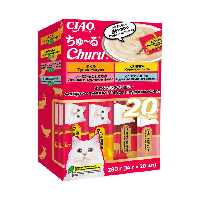 Inaba Ciao Churu лакомство-пюре для взрослых кошек, асссорти с тунцом Магуро и куриным филе - 14 г х 20 шт