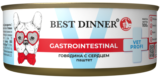 Best Dinner Exclusive Vet Profi Gastro Intestinal диетический влажный корм для взрослых собак с чувствительным пищеварением, с говядиной и сердцем, в консервах - 100 г х 12 шт