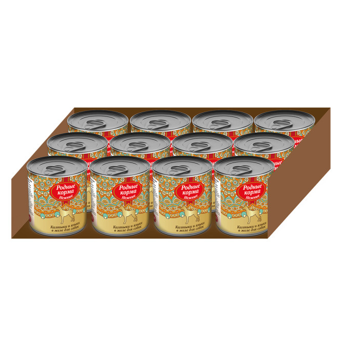 Родные Корма "Нежные" влажный корм для взрослых собак Калтыки и языки в желе в консервах - 240 г х 12 шт
