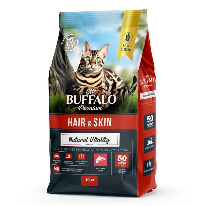 Mr.Buffalo Adult Hair &amp; Skin сухой корм для взрослых кошек с чувствительной кожей, с лососем - 10 кг