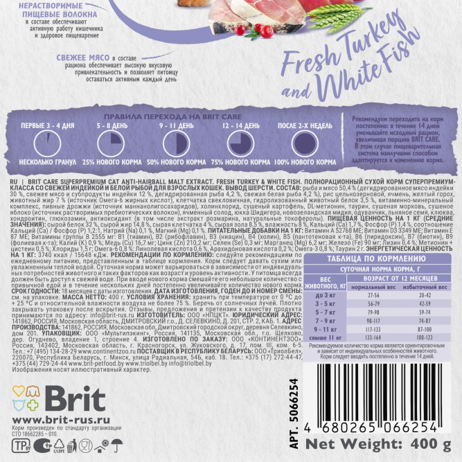 Брит Кеа Cat Anti-Hairball сухой корм для взрослых кошек для выведения шерсти из желудка, с белой рыбой и индейкой - 400 г