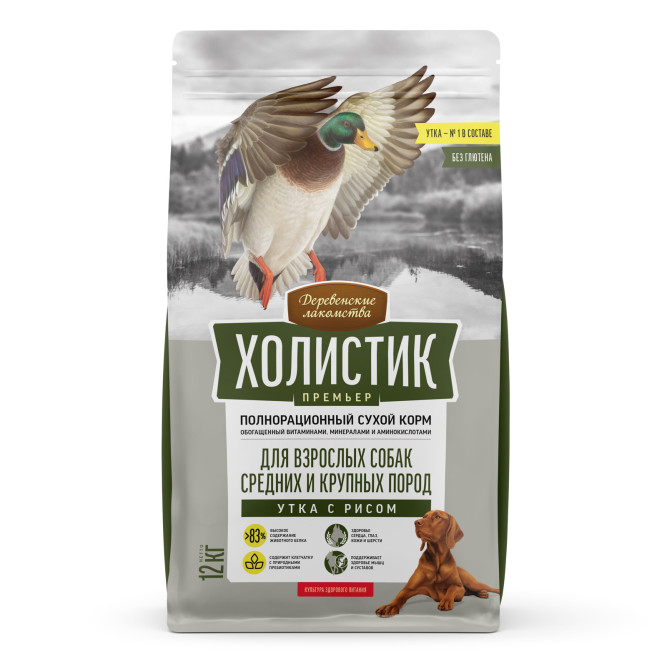 Деревенские лакомства Холистик Премьер сухой корм для взрослых собак средних и крупных пород с уткой и рисом - 12 кг