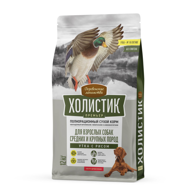 Деревенские лакомства Холистик Премьер сухой корм для взрослых собак средних и крупных пород с уткой и рисом - 12 кг