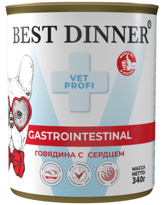 Best Dinner Exclusive Vet Profi Gastro Intestinal диетический влажный корм для взрослых собак с чувствительным пищеварением, с говядиной и сердцем, в консервах - 340 г х 6 шт