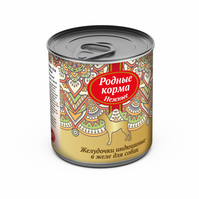 Родные Корма "Нежные" влажный корм для взрослых собак Желудочки индюшиные в желе в консервах - 240 г  х 12 шт
