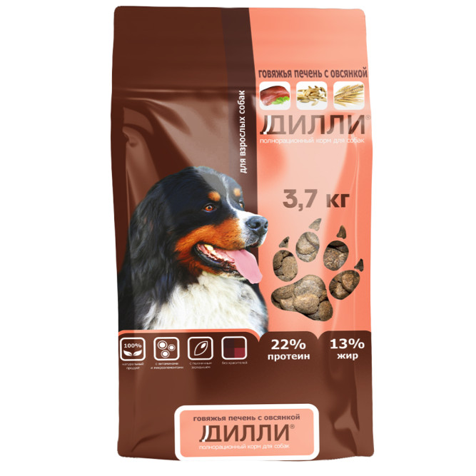 Дилли сухой корм для взрослых собак говяжья печень с овсянкой - 3,7 кг