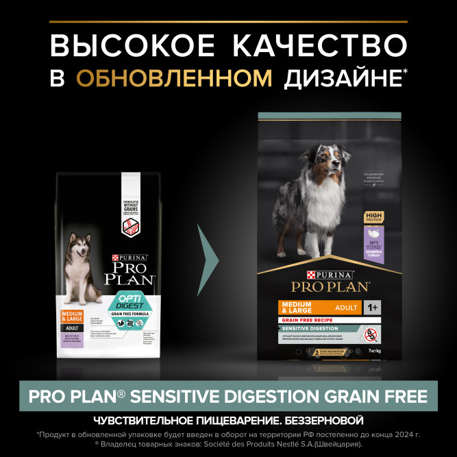 Purina Pro Plan Optidigest Grain Free сухой беззерновой корм для взрослых собак средних и крупных пород с чувствительным пищеварением с индейкой - 7 кг