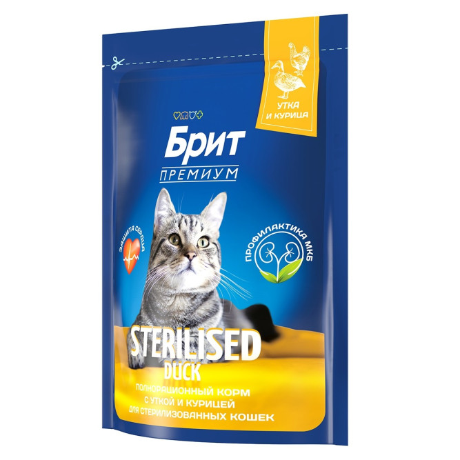 Брит Премиум Cat Sterilised сухой корм для взрослых стерилизованных кошек c уткой и курицей - 400 г