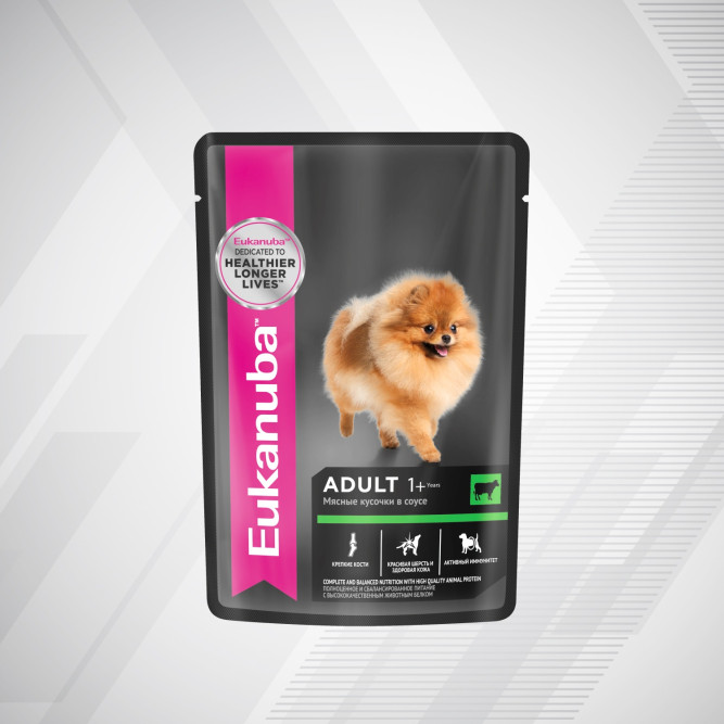 Влажный корм Eukanuba Adult Dog для собак с говядиной в соусе в паучах - 100 г х 24 шт
