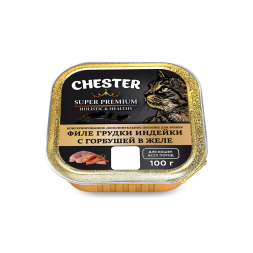 Chester влажный дополнительный корм для взрослых кошек, филе грудки индейки с горбушей в желе, в ламистерах - 100 г х 16 шт