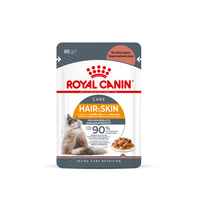 Royal Canin Hair&amp;Skin Care влажный корм для взрослых кошек, для поддержания здоровья кожи и красоты шерсти, тонкие ломтики в соусе, в паучах - 85 г х 28 шт