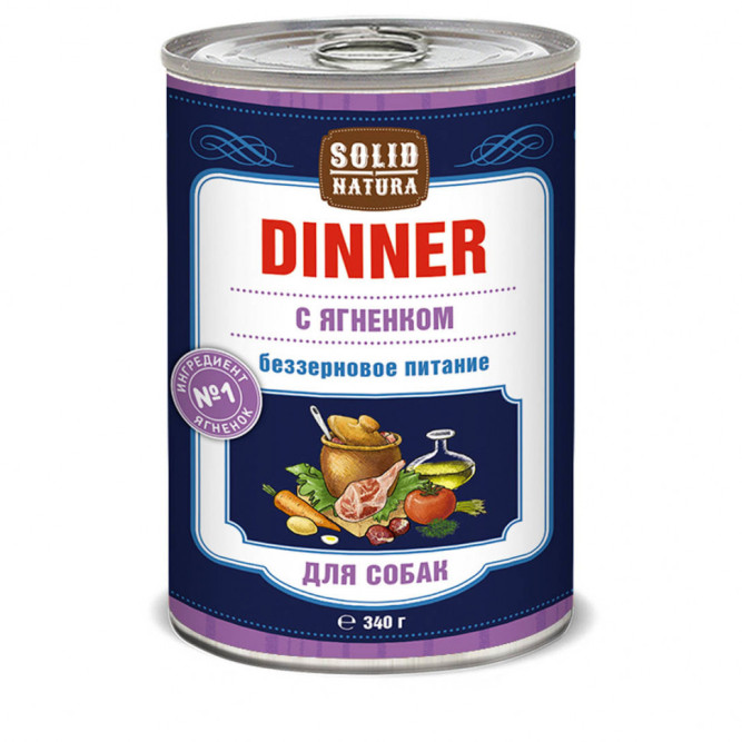 Solid Natura Dinner влажный корм для взрослых собак с ягненком, в консервах - 340 г х 6 шт