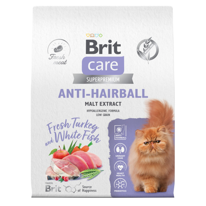Брит Кеа Cat Anti-Hairball сухой корм для взрослых кошек для выведения шерсти из желудка, с белой рыбой и индейкой - 7 кг