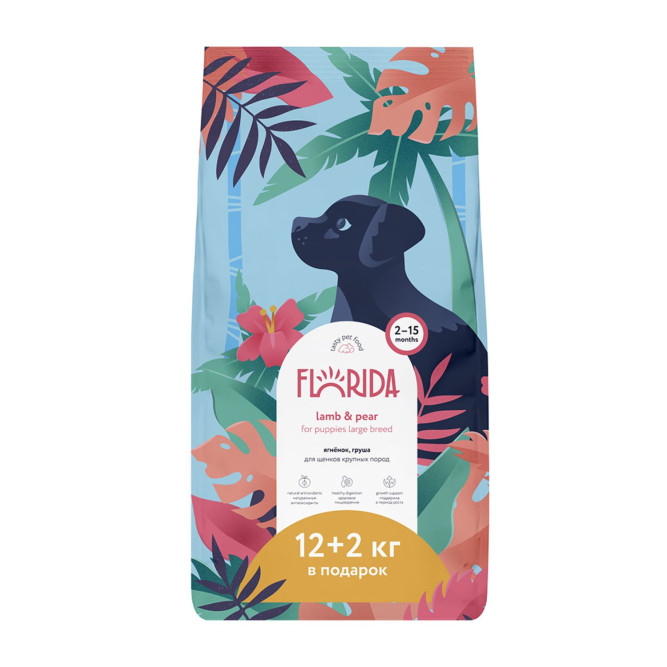 Florida сухой корм для щенков крупных пород с ягненком и грушей - 12+2 кг