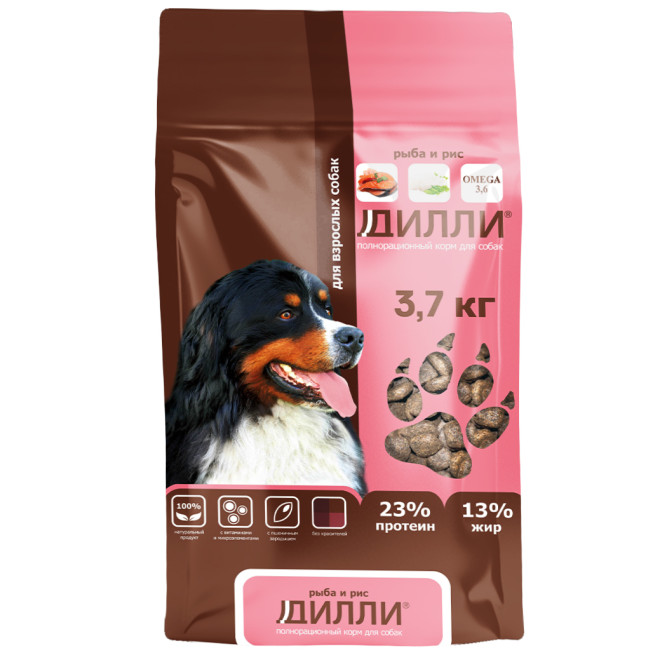 Дилли сухой корм для взрослых собак с рыбой и рисом - 3,7 кг