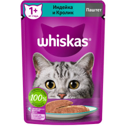 Whiskas влажный корм для взрослых кошек, паштет с индейкой и кроликом, в паучах - 75 г х 24 шт