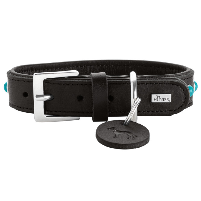 Hunter Modica S ошейник для собак, 31-37 см, натуральная кожа, черный, фурнитура с имитацией бирюзы