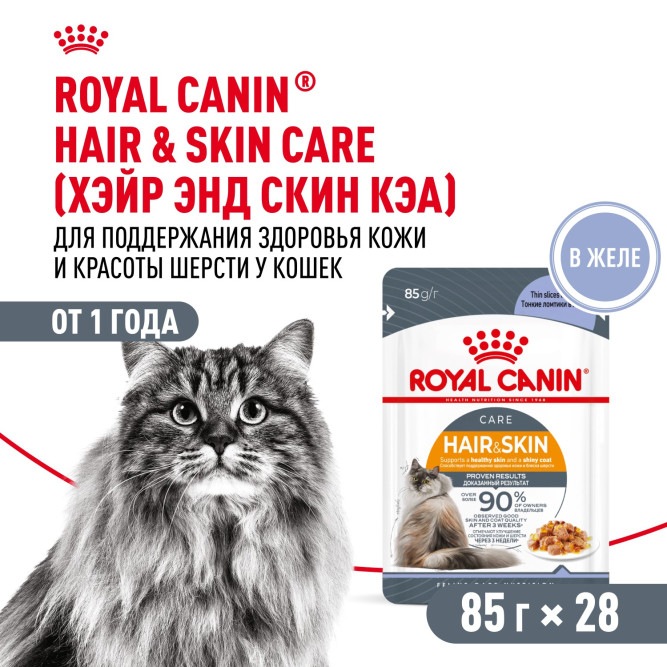 Royal Canin Hair&amp;Skin Care влажный корм для взрослых кошек, для поддержания здоровья кожи и красоты шерсти, тонкие ломтики в желе, в паучах - 85 г х 28 шт