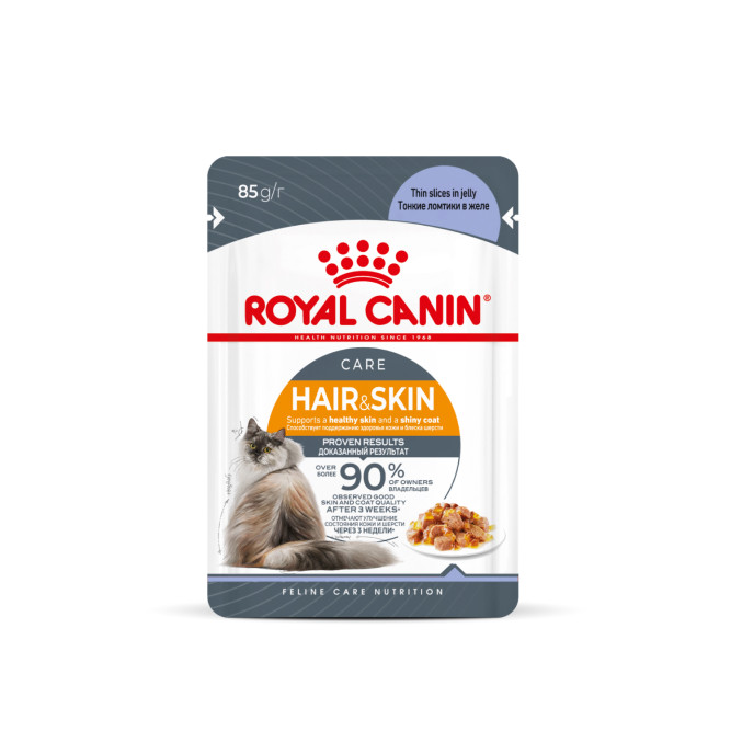 Royal Canin Hair&amp;Skin Care влажный корм для взрослых кошек, для поддержания здоровья кожи и красоты шерсти, тонкие ломтики в желе, в паучах - 85 г х 28 шт