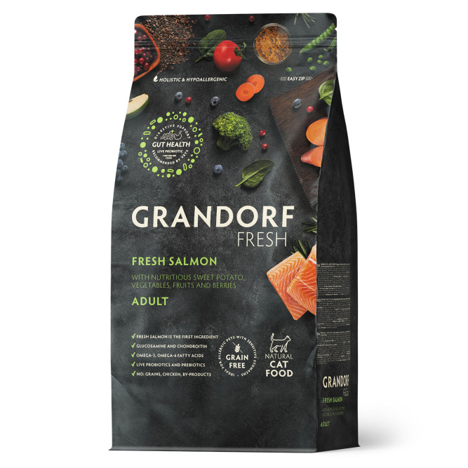 Grandorf Fresh Cat Adult Salmon&amp;Sweet Potato сухой беззерновой корм с живыми пробиотиками для взрослых кошек с филе лосося и бататом - 2 кг