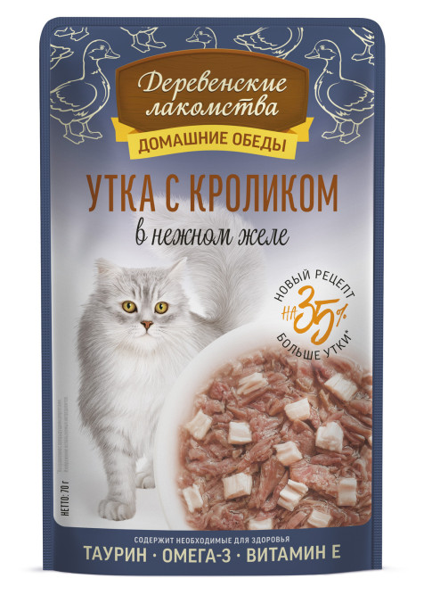 Деревенские лакомства Домашние обеды влажный корм для взрослых кошек с уткой и кроликом в нежном желе, в паучах - 70 г х 12 шт