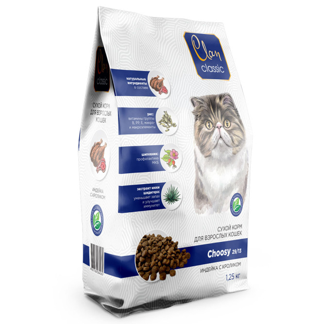 Clan Classic Choosy 29/13 сухой корм для взрослых кошек с индейкой и кроликом - 1,25 кг