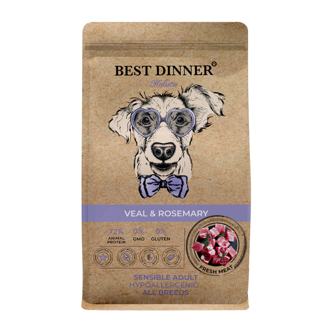 Best Dinner Holistic Adult Sensible Hypoallergenic All Breeds Veal&amp;Rosemary сухой корм для собак всех пород склонных к аллергии и проблемам с пищеварением с телятиной и розмарином - 12 кг
