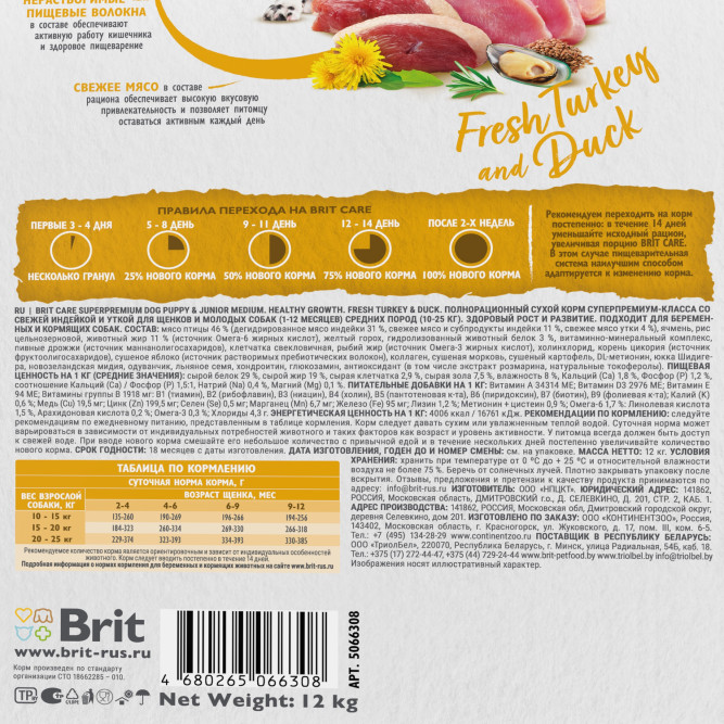 Брит Кеа Dog Puppy&amp;Junior M Healthy Growth сухой корм для щенков средних пород, с индейкой и уткой - 12 кг