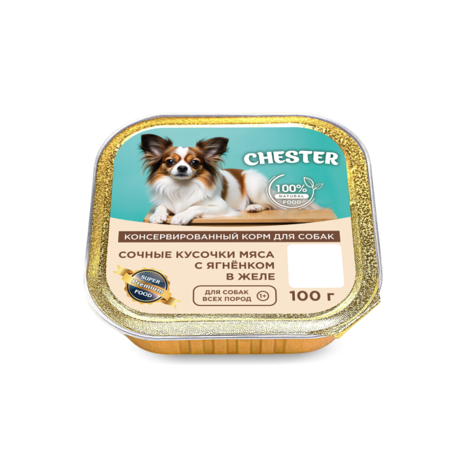 Chester влажный корм для взрослых собак всех пород, сочные кусочки мяса с ягненком в желе, в ламистерах - 100 г х 16 шт