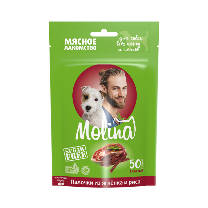 Molina лакомство для взрослых собак всех пород и щенков "Палочки из ягненка и риса" - 50 г