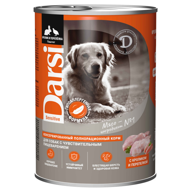 Darsi консервы для собак с чувствительным пищеварением с кроликом и перепелкой паштет - 410 г х 6 шт