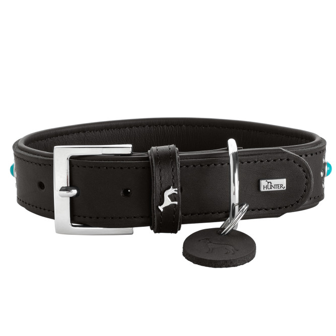 Hunter Madona S ошейник для собак, 29-37 см, натуральная кожа, черный, фурнитура с имитацией бирюзы