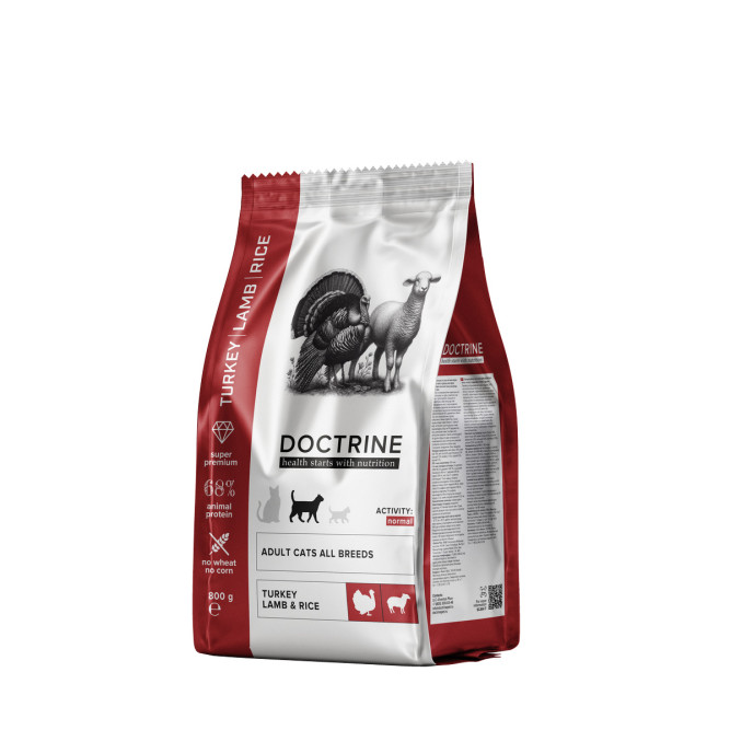 Doctrine сухой беззерновой корм для взрослых кошек, с индейкой, ягненком и рисом - 800 г