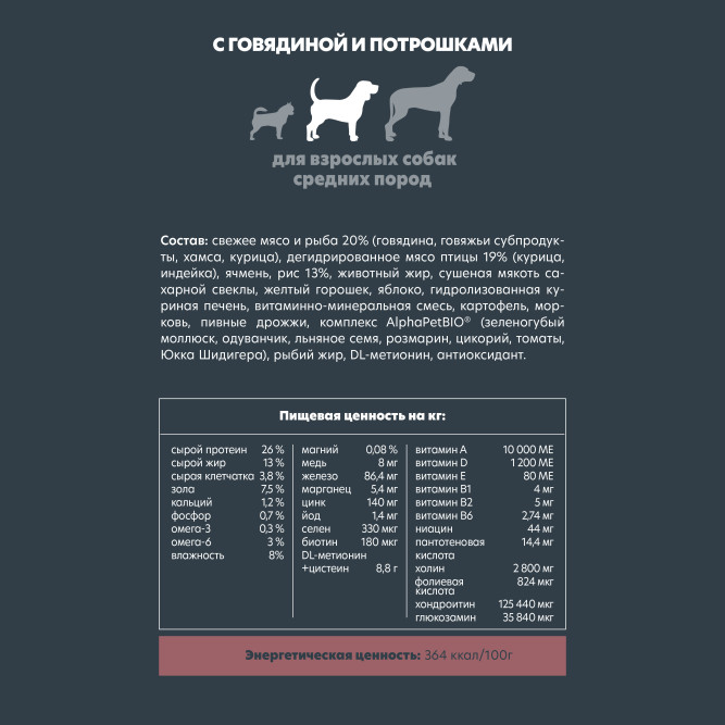 AlphaPet Superpremium сухой полнорационный корм для взрослых собак средних пород с говядиной и потрошками - 7 кг