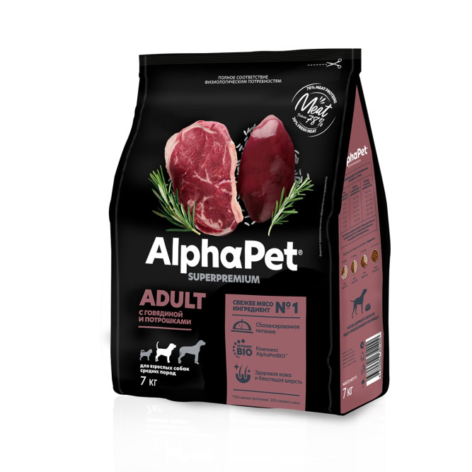 AlphaPet Superpremium сухой полнорационный корм для взрослых собак средних пород с говядиной и потрошками - 7 кг