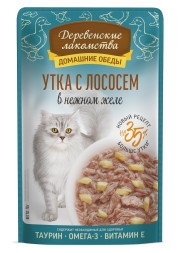 Деревенские лакомства Домашние обеды влажный корм для взрослых кошек с уткой и лососем в нежном желе, в паучах - 70 г х 12 шт