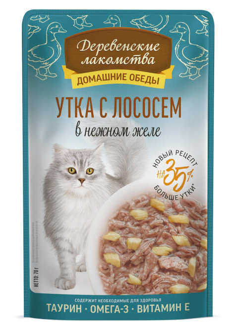 Деревенские лакомства Домашние обеды влажный корм для взрослых кошек с уткой и лососем в нежном желе, в паучах - 70 г х 12 шт