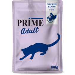 PRIME паштет для взрослых кошек с курицей и ягненком, в паучах - 100 г х 24 шт