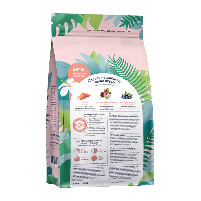 Florida Sterilised 34 Salmon сухой корм для взрослых стерилизованных кошек с лососем и черникой - 1,5 кг