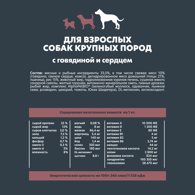 AlphaPet WOW Superpremium сухой полнорационный корм для взрослых собак крупных пород с говядиной и сердцем -  7 кг