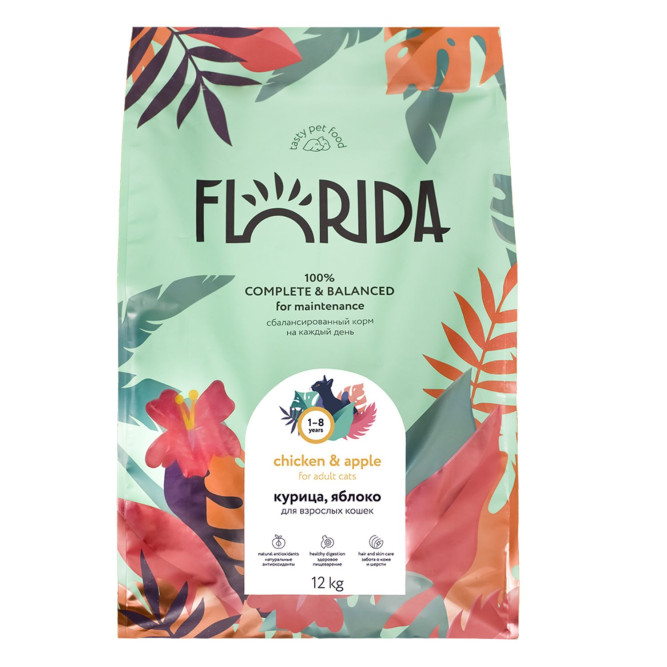 Florida сухой корм для взрослых кошек с курицей и яблоком - 12 кг