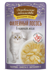 Деревенские лакомства Домашние обеды влажный корм для взрослых кошек с филейным лососем в нежном желе, в паучах - 70 г х 12 шт